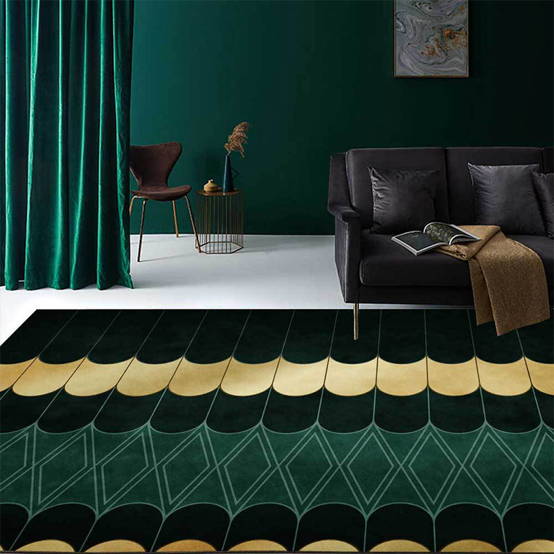 Funky Geometric Pattern Rug Golden and Green Simple Rug Polyester Washable Anti-Slip Backing Area Rug for Living Room