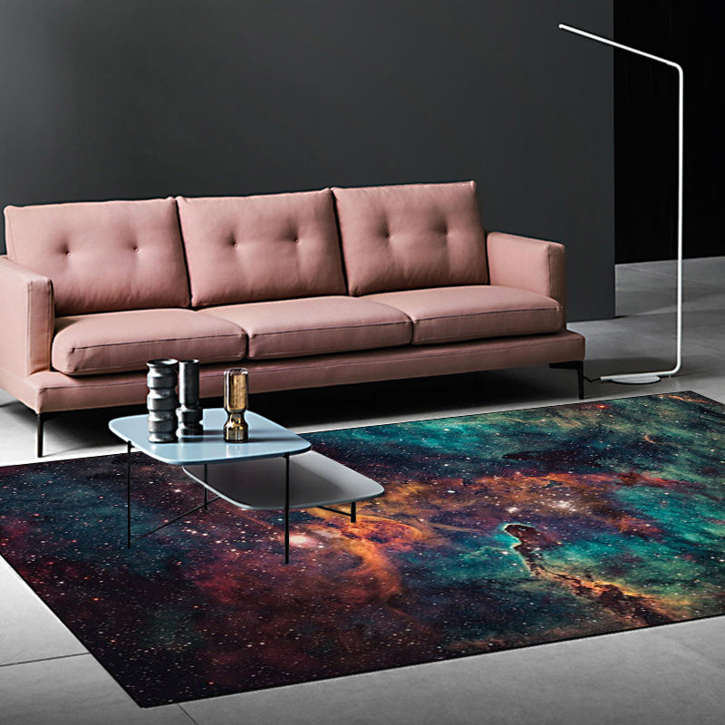 Minimalist Modern Rug in Green and Orange Outer Space Nebula Pattern Rug Polyester Non-Slip Carpet for Home Decoration