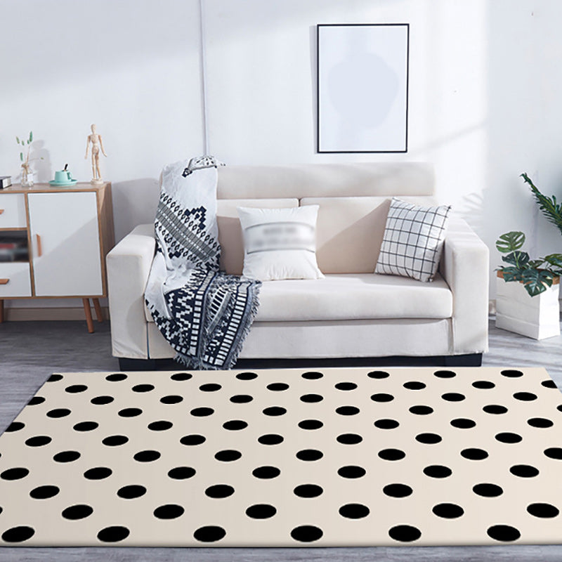 Modern Living Room Rug in Ivory Polka Dots Print Rug Polyester Machine Washable Pet Friendly Area Rug