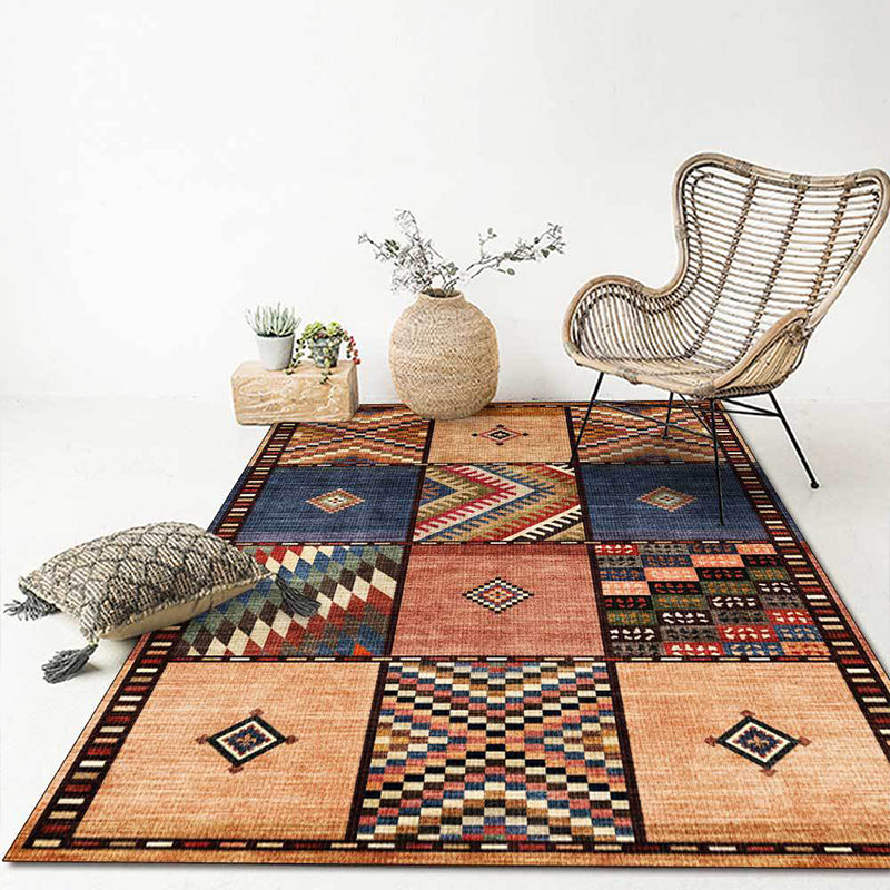 Americana Tribal Checked Pattern Rug Brown Polyester Rug Machine Washable Non-Slip Area Rug for Living Room