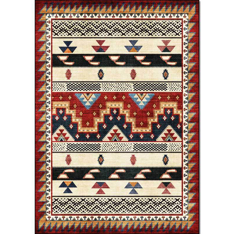 Southwestern Tribal Geometric Print Rug Red Polyester Rug Machine Washable Non-Slip Area Rug for Living Room