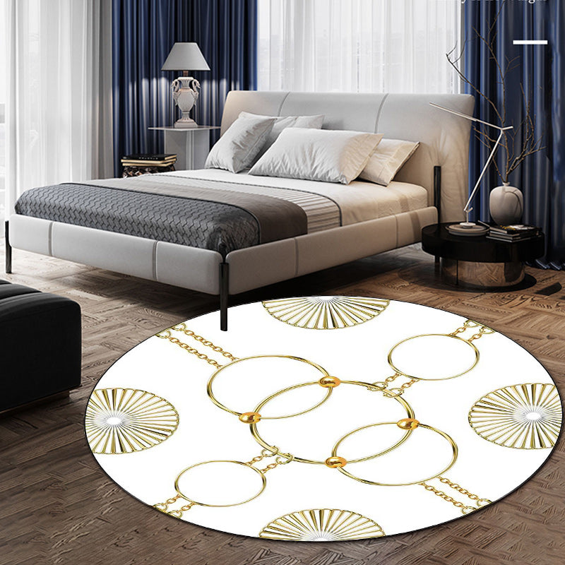 Modern Living Room Rug in White and Black Chain Circle Print Rug Polyester Machine Washable Anti-Slip Area Rug