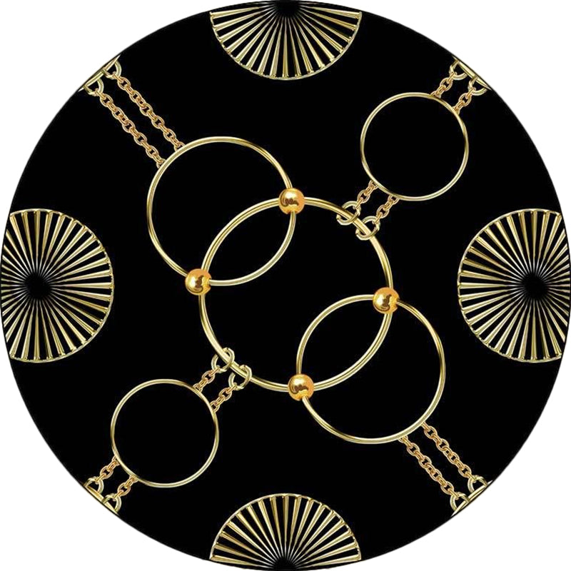 Modern Living Room Rug in White and Black Chain Circle Print Rug Polyester Machine Washable Anti-Slip Area Rug