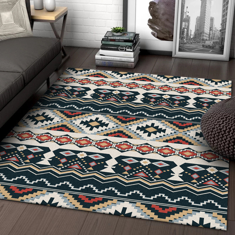 Southwestern Tribal Print Rug Black and White Polyester Rug Machine Washable Non-Slip Area Rug for Living Room