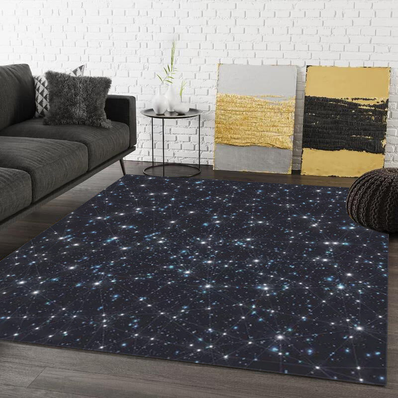 Blue Bedroom Rug Modern Outer Space Starry Pattern Area Rug Polyester Machine Washable Carpet