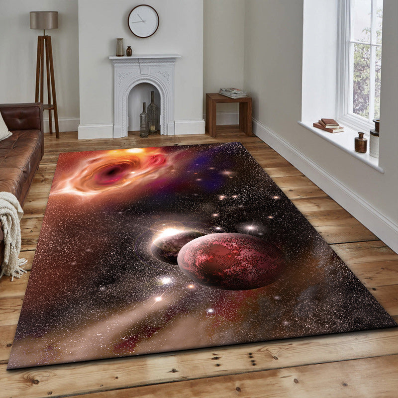 Contemporary Modern Rug in Orange and Black Outer Space Planet Pattern Rug Polyester Washable Carpet for Home Decoration