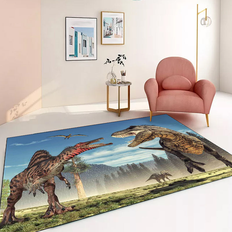 Modern Dinosaur Pattern Rug Brown and Blue Polyester Rug Machine Washable Non-Slip Area Rug for Bedroom