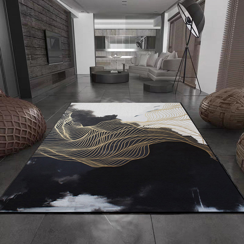 Traditional Swirl Stripe Pattern Rug Black and White Oriental Rug Polyester Washable Non-Slip Backing Area Rug for Living Room