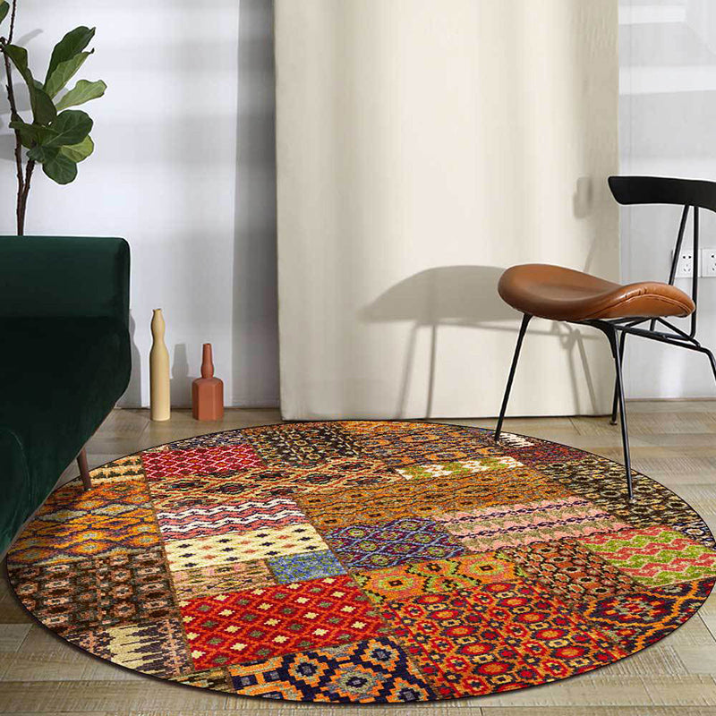 Yellow Southwestern Rug Polyester Tribal Checked Pattern Rug Washable Non-Slip Backing Carpet for Living Room