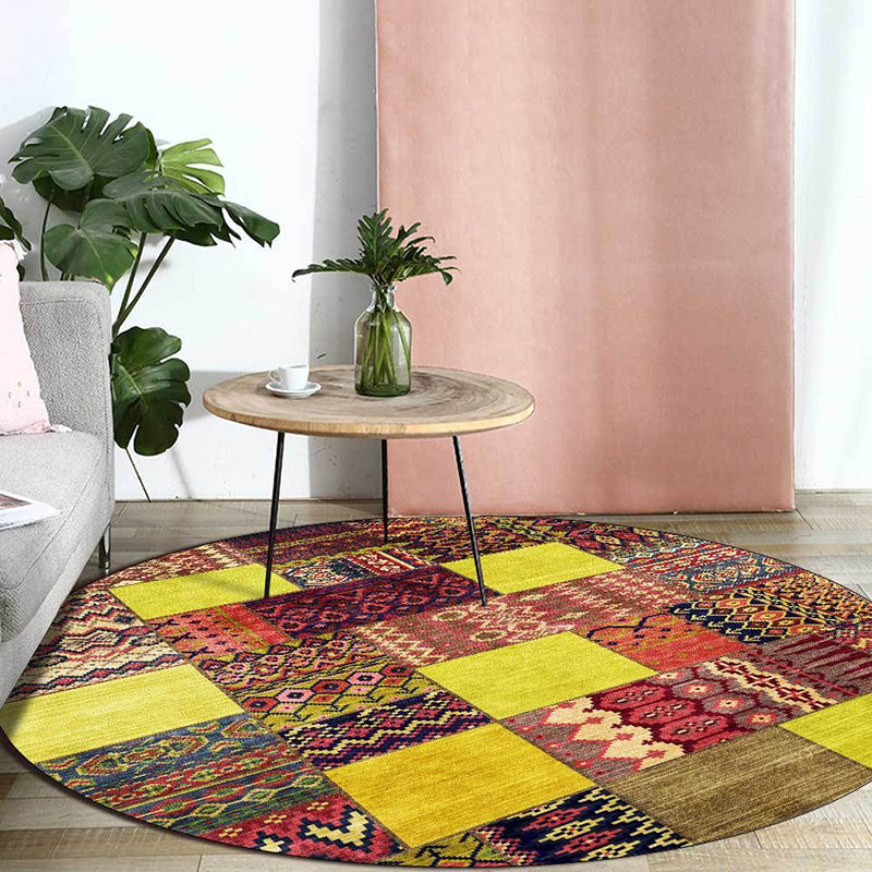 Yellow Southwestern Rug Polyester Tribal Checked Pattern Rug Washable Non-Slip Backing Carpet for Living Room