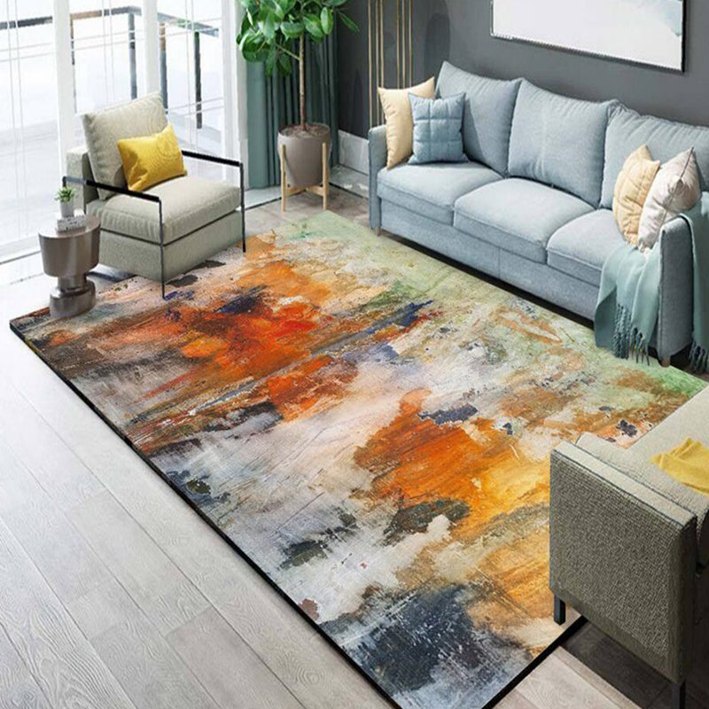 Modern Living Room Rug in Orange Abstract Watercolor Painting Print Rug Polyester Anti-Slip Washable Area Rug