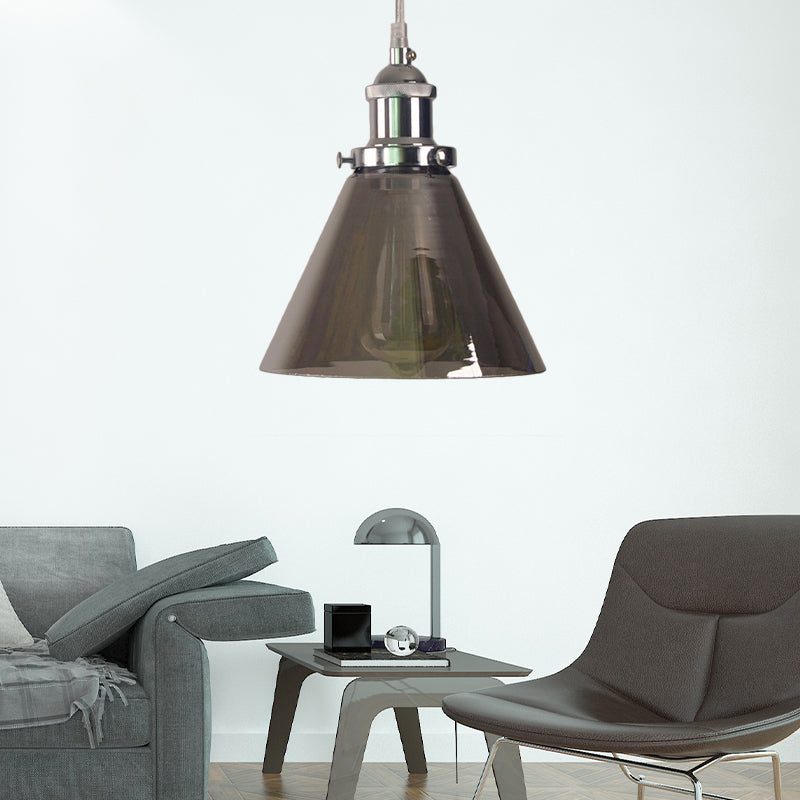 Industrial Cone/Barn Pendant Lamp 1 Light Smoked Glass Hanging Light Fixture in Chrome
