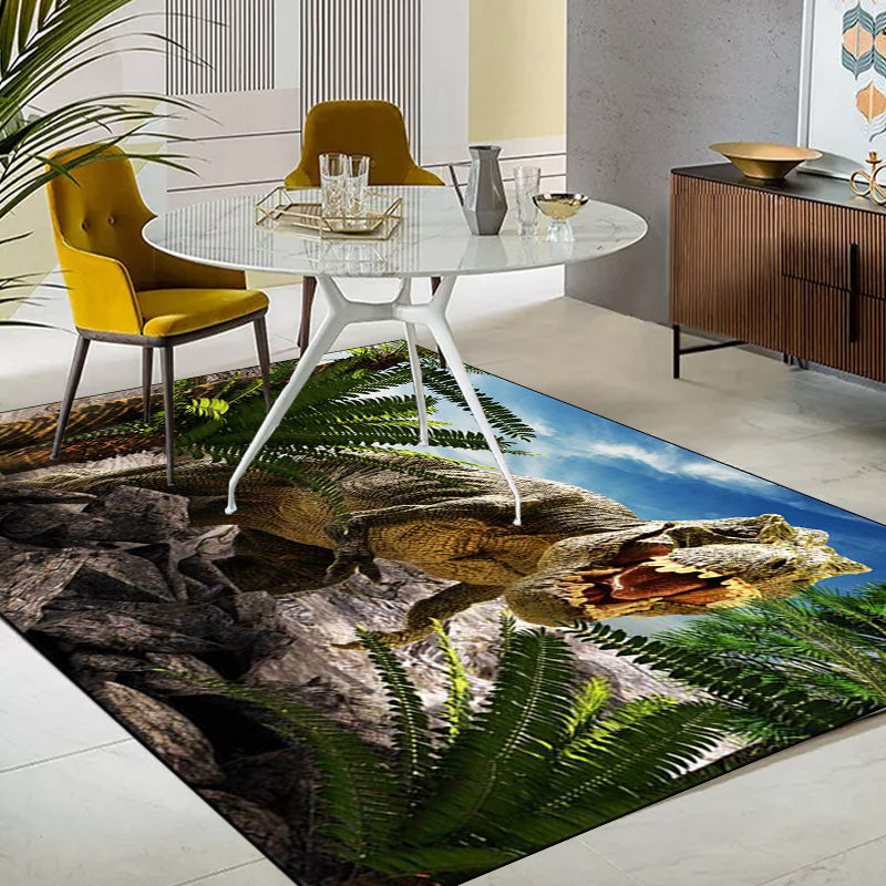 Funky Dinosaur Pattern Rug Blue and Green Modern Rug Polyester Washable Anti-Slip Backing Area Rug for Living Room