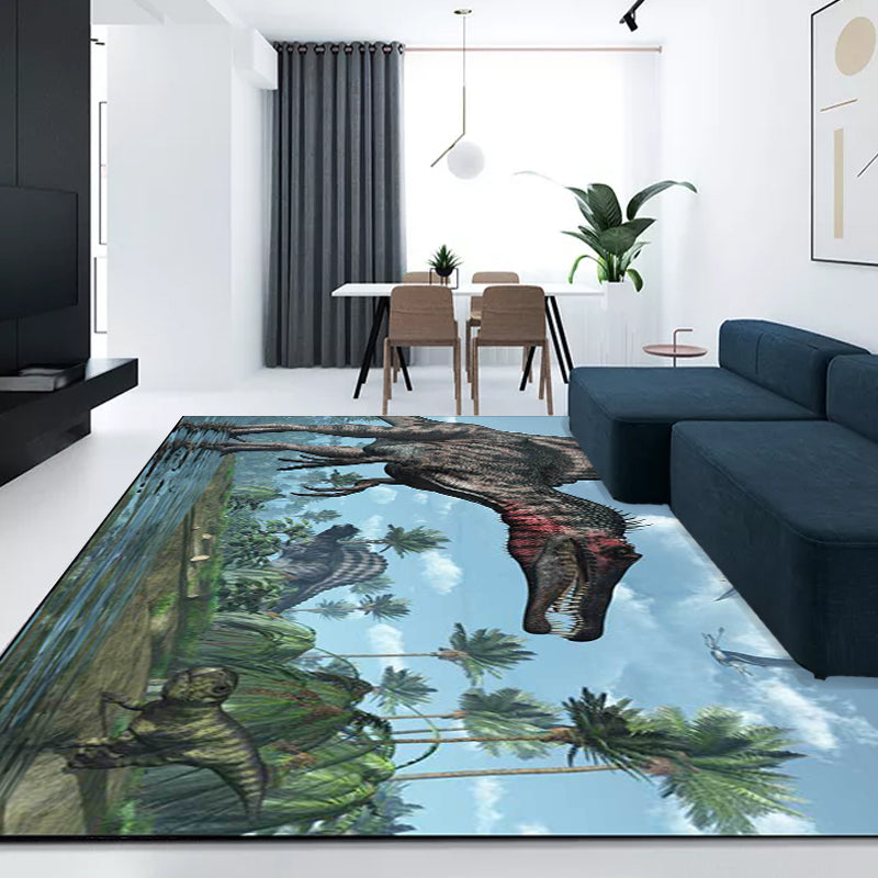 Unique Dinosaur Pattern Rug Blue Modern Rug Polyester Washable Anti-Slip Backing Area Rug for Living Room