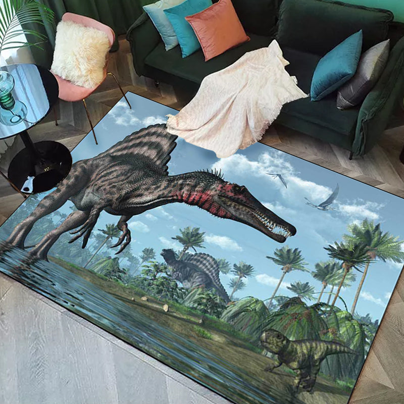 Unique Dinosaur Pattern Rug Blue Modern Rug Polyester Washable Anti-Slip Backing Area Rug for Living Room