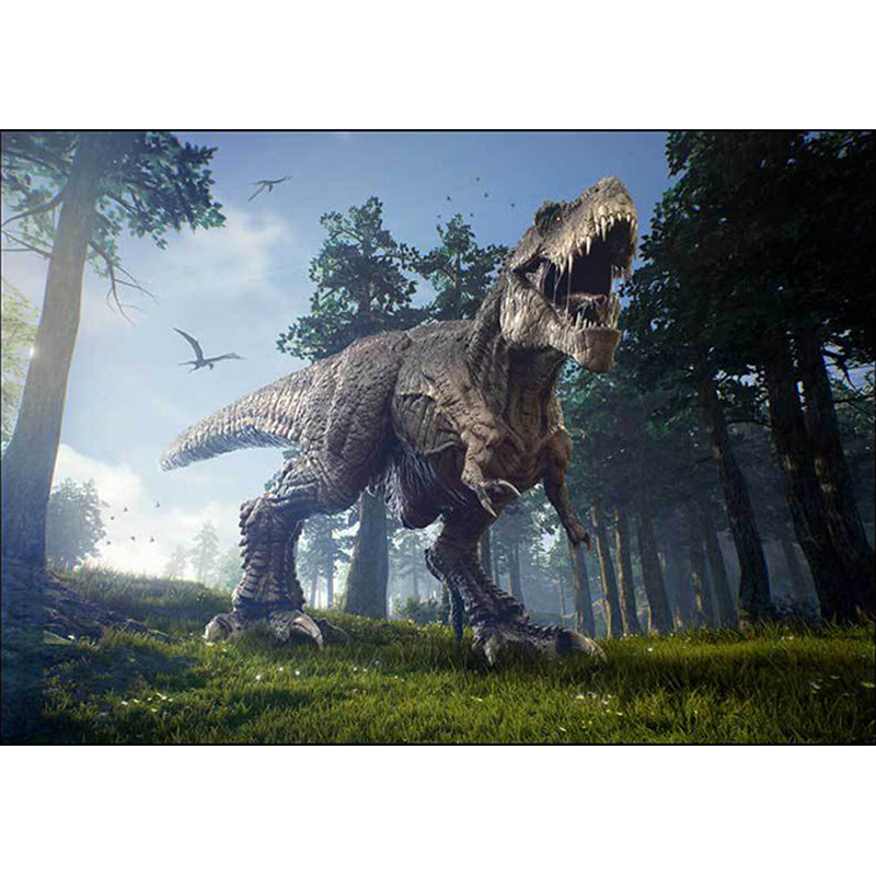 Blue Novelty Rug Polyester Dinosaur and Tree Pattern Rug Washable Non-Slip Backing Carpet for Living Room