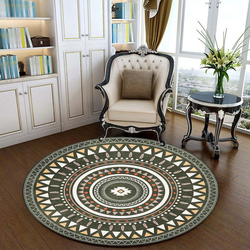 Vintage Concentric Circles Pattern Rug Blue and Green Tribal Rug Polyester Washable Anti-Slip Backing Area Rug for Living Room
