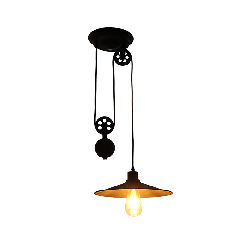 1 luz colgante de polea ligera con lámpara de colgante de black metal de granja de sombra acampanada para interiores