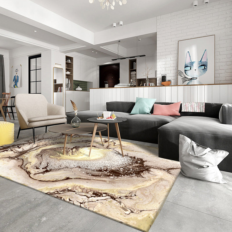 Brown Bedroom Rug Modern Abstract Stone Sand Pattern Area Rug Polyester Machine Washable Carpet