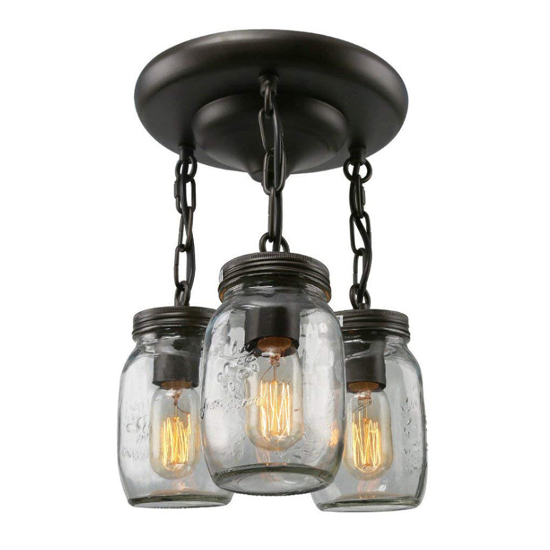 Mason Jar Etched Clear Glass Semi Flush Industrial 3/5-Bulb Dining Room Light Fixture