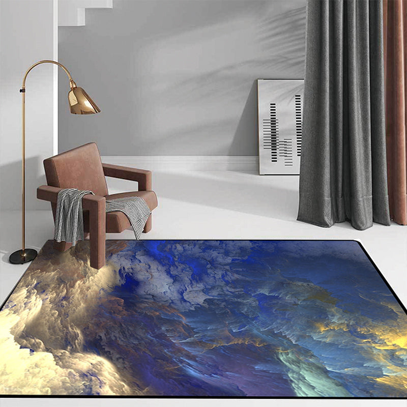 Modern Living Room Rug in Blue and Yellow Abstract Cloud Print Rug Polyester Stain-Resistant Washable Area Rug