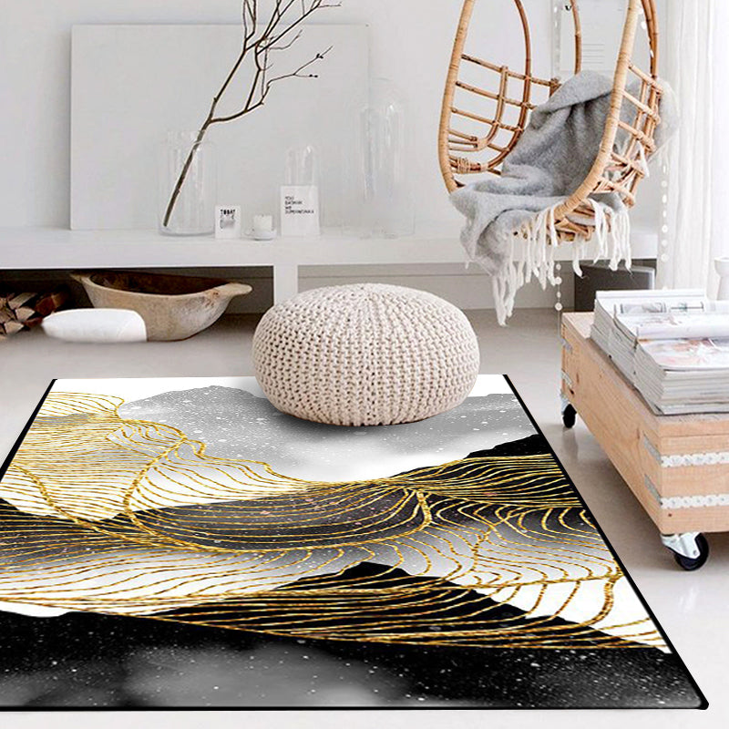 Nordic Modern Rug in Black and White Abstract Ink Painting Line Pattern Rug Polyester Washable Carpet for Home Decor