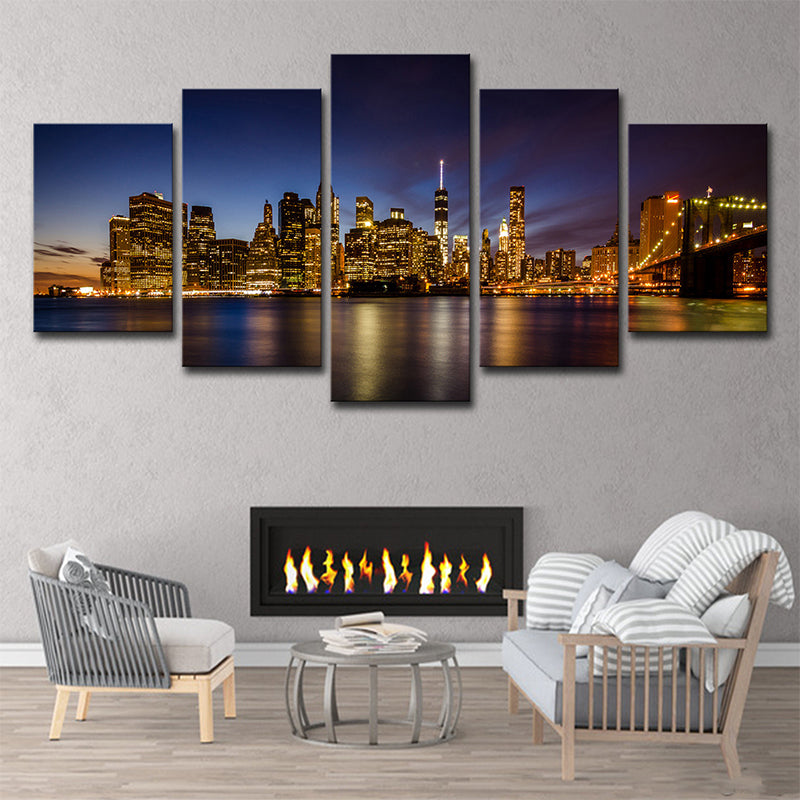 Night Brooklyn Bridge Park Canvas Multi-Piece Modern Living Room Wall Art, Brown