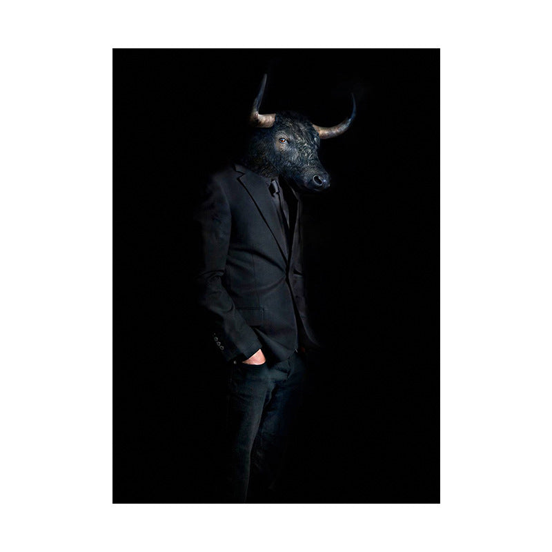Ox Gentleman Canvas Art Kids Style Textured Wall Decoration in Black for Living Room