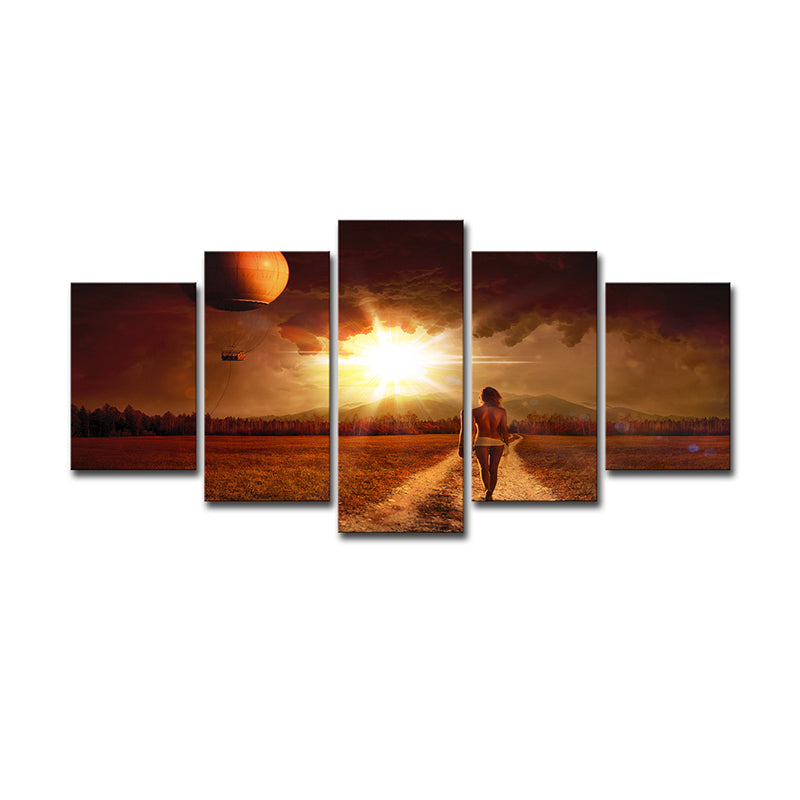 Multi-Piece Yellow Canvas Art Modern Woman Walking in Farm Path at Sunset Wall Decor