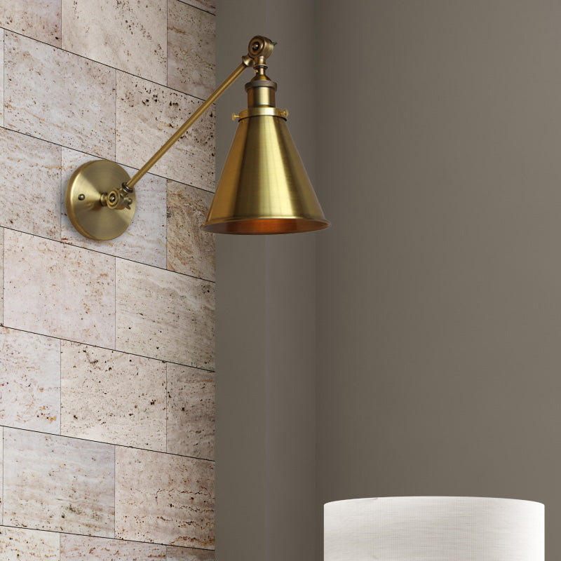 1 Light Wall Sconce Light with Tapered Shade Metallic Vintage Indoor Wall Lighting in Brass, 8"/12" Dia