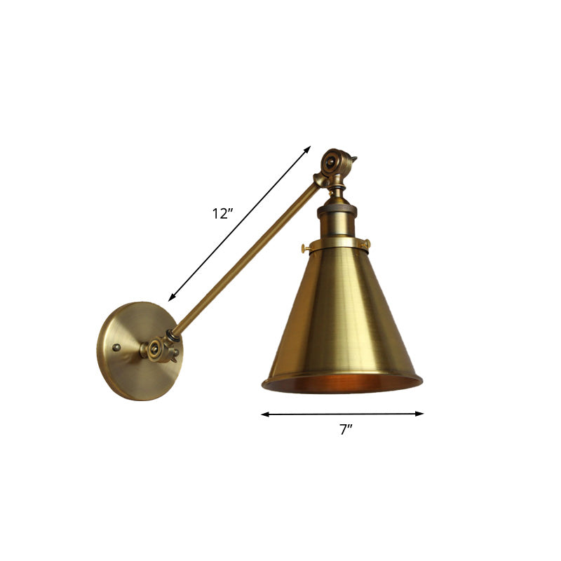 1 Light Wall Sconce Light with Tapered Shade Metallic Vintage Indoor Wall Lighting in Brass, 8"/12" Dia