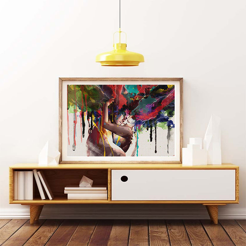 Hug of the Lovers Painting Modern Exotic Watercolor Wall Art in Red and Brown