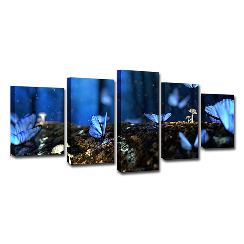 Blue Modern Canvas Art Butterflies on the Rotten Trunk Wall Decor for Living Room