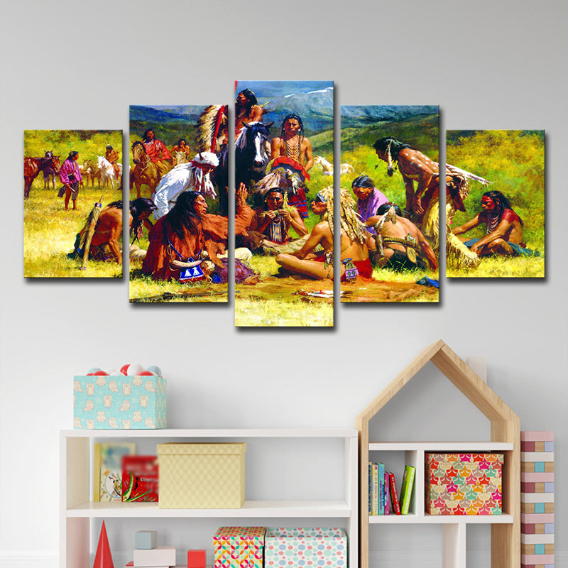 Modern Indians Painting Art Print Canvas Multi-Piece Yellow Wall Decor for Dining Room