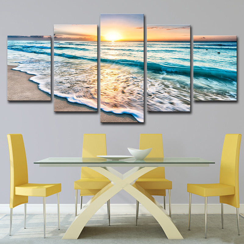 Sunset Beach Wave Art Print Ocean-Blue Canvas Wall Decor for Dining Room, Multi-Piece