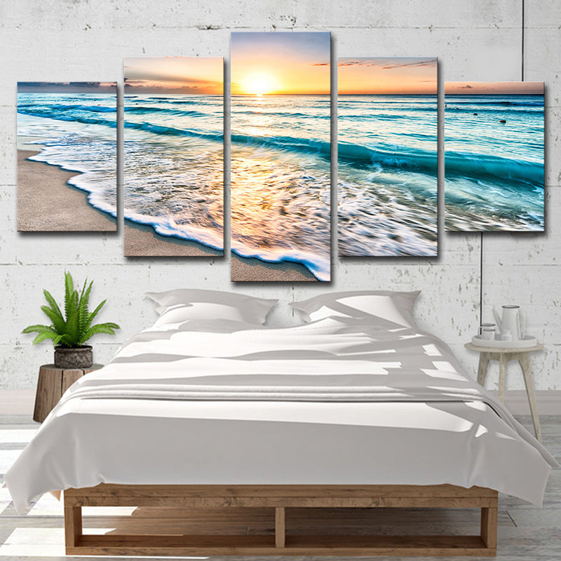 Sunset Beach Wave Art Print Ocean-Blue Canvas Wall Decor for Dining Room, Multi-Piece