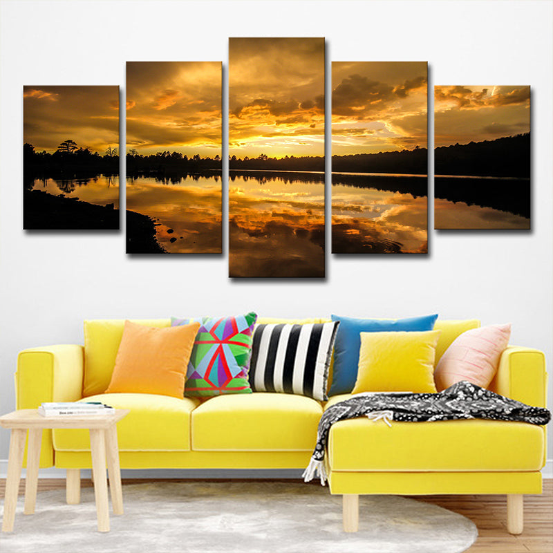 Kaibab Lake Sunset Scenery Canvas Gold Glam Wall Art for Sitting Room, Textured