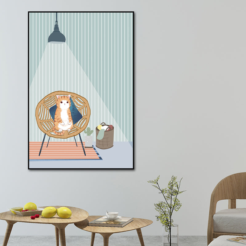 Cartoon Wall Art Kids Chubby Cats Leisure Life Canvas Print in Light Color