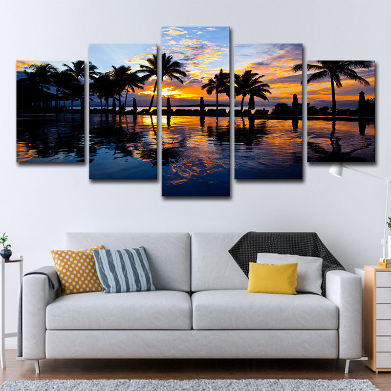 Tropix Sunset Glow Wall Art Print in Orange Palm Trees and Swimming Pool Canvas for Room