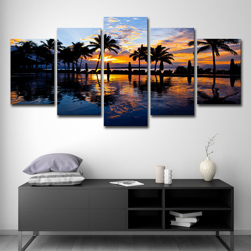 Tropix Sunset Glow Wall Art Print in Orange Palm Trees and Swimming Pool Canvas for Room