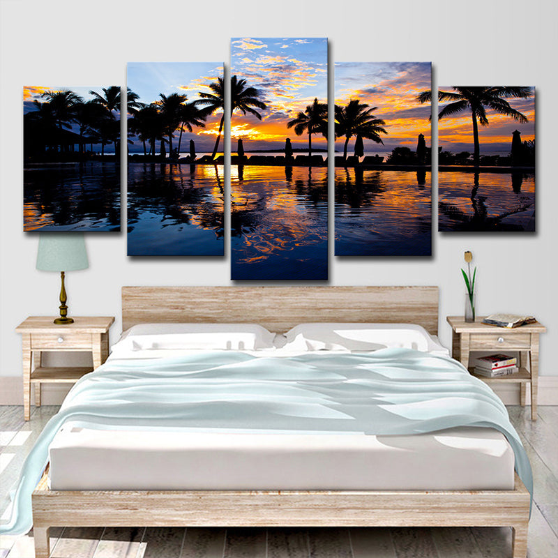 Tropix Sunset Glow Wall Art Print in Orange Palm Trees and Swimming Pool Canvas for Room