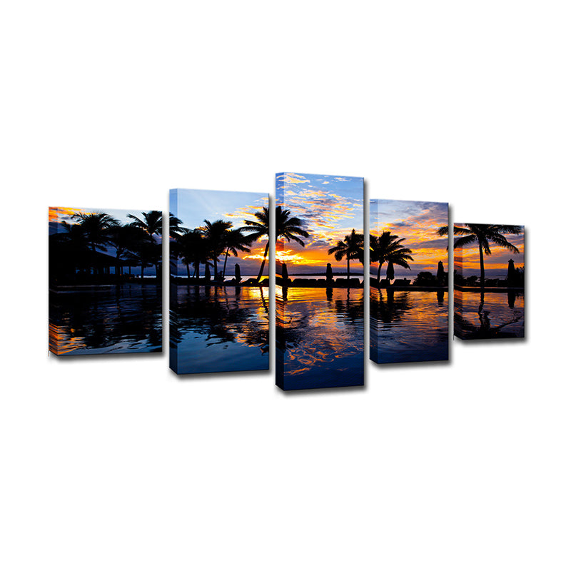 Tropix Sunset Glow Wall Art Print in Orange Palm Trees and Swimming Pool Canvas for Room