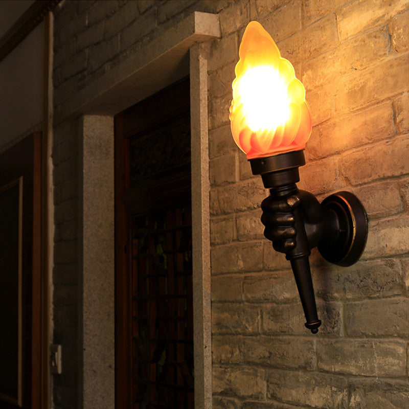 Torch Wall Mount Light Rustic Glass Shade 1 Light Sconce Lighting in Bronze for Foyer