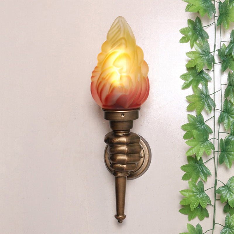 Torch Wall Mount Light Rustic Glass Shade 1 Light Sconce Lighting in Bronze for Foyer