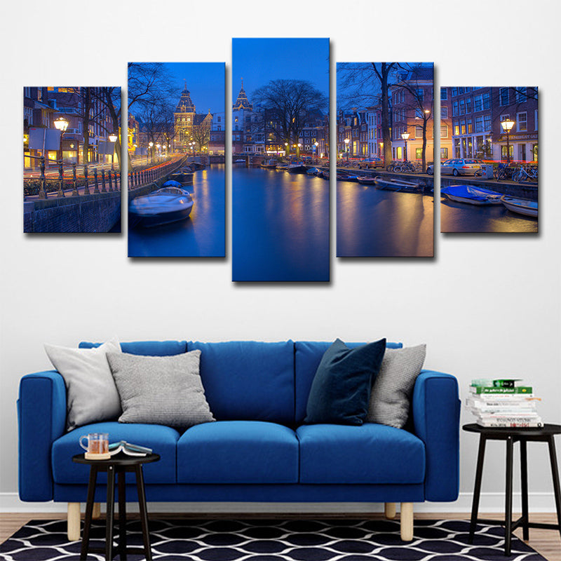 Amsterdam Canal Wall Art Decor for Home Night View Canvas Print in Blue, Multi-Piece