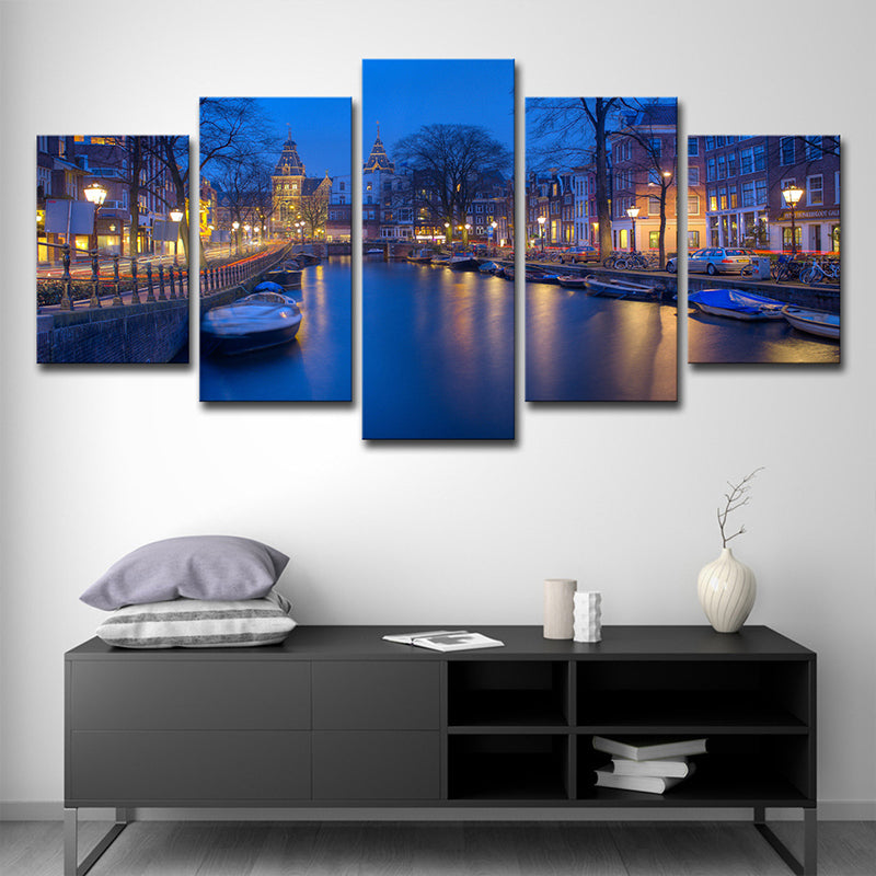 Amsterdam Canal Wall Art Decor for Home Night View Canvas Print in Blue, Multi-Piece