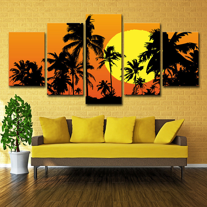 Tropical Wall Art Decor Orange Big Moon Behind Coconut Trees Canvas Print for Home