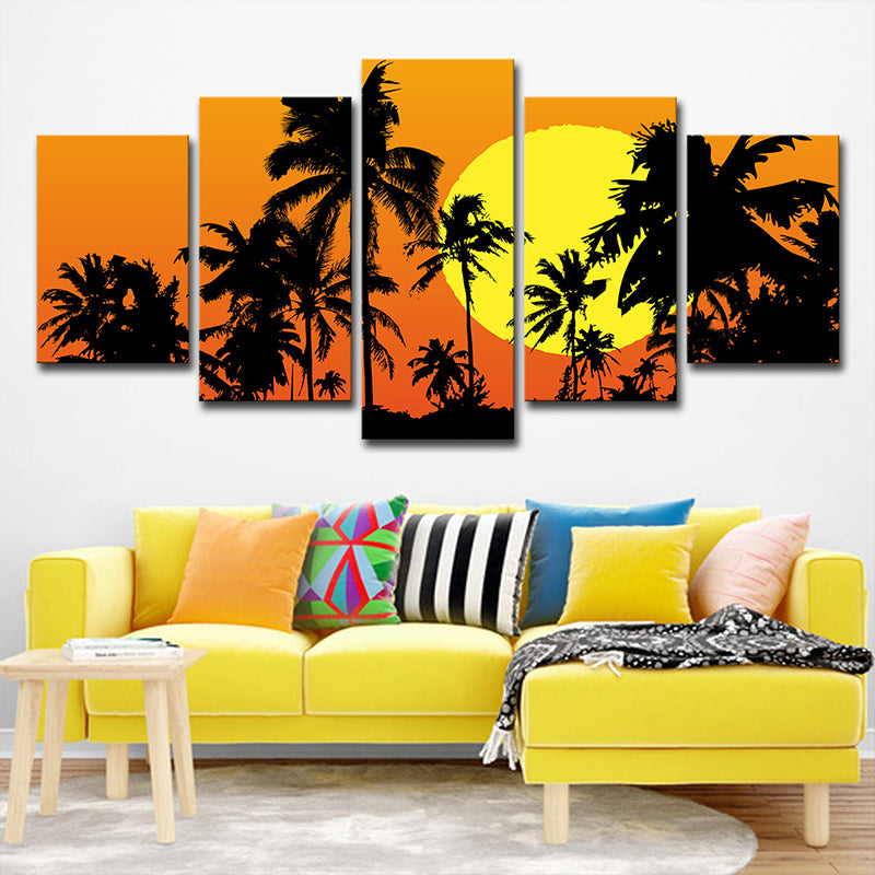 Tropical Wall Art Decor Orange Big Moon Behind Coconut Trees Canvas Print for Home