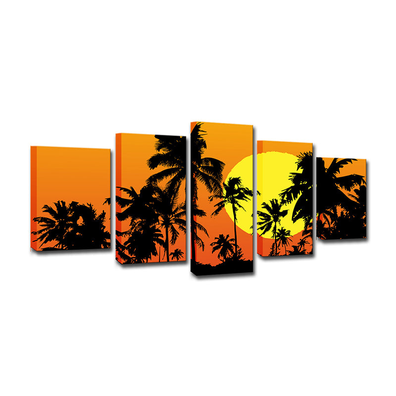 Tropical Wall Art Decor Orange Big Moon Behind Coconut Trees Canvas Print for Home