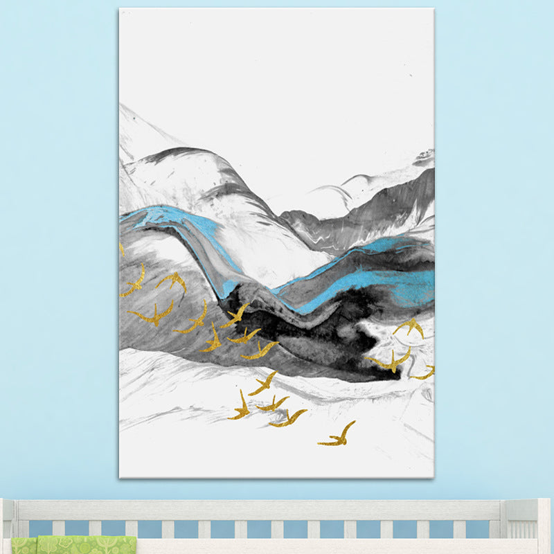 Bird Flying over Mountains Painting Textured Modernism Dining Room Wall Art Decor